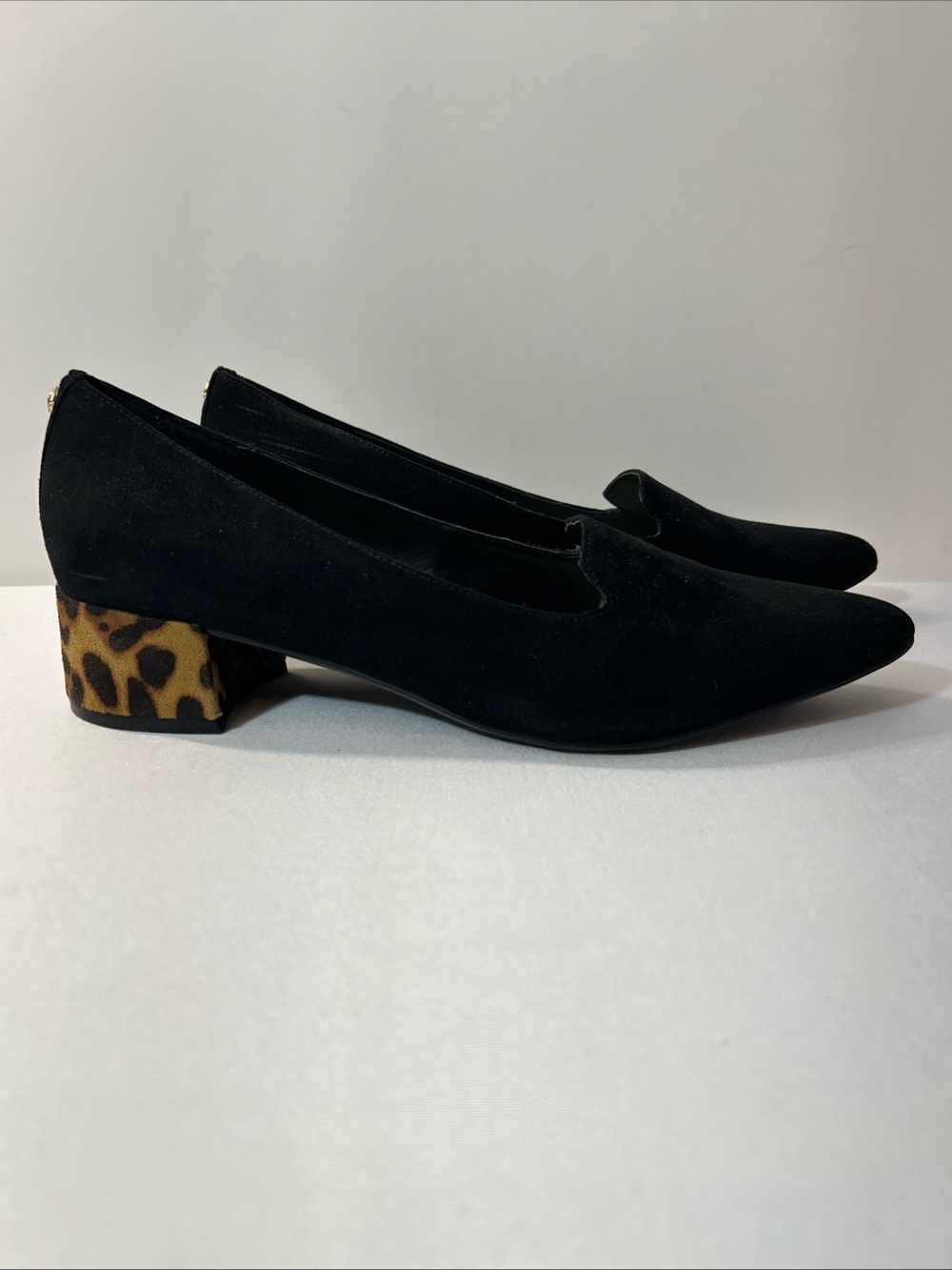 Anne Klein Black Suede Pointed Block Heel Loafer Pumps with Leopard Heel